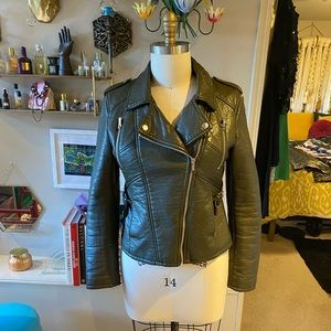 Flattering motorcycle jacket, olive green vegan leather